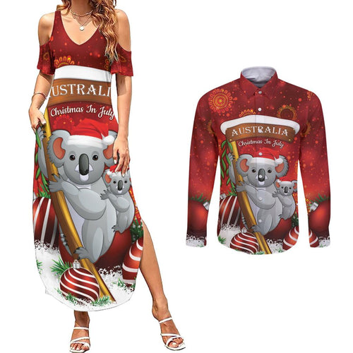 Australia Koala Couples Matching Summer Maxi Dress and Long Sleeve Button Shirt Christmas In July - Red