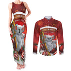 Australia Koala Couples Matching Tank Maxi Dress and Long Sleeve Button Shirt Christmas In July - Red