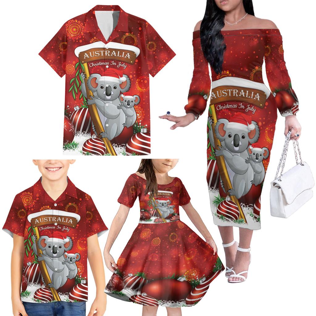 Australia Koala Family Matching Off The Shoulder Long Sleeve Dress and Hawaiian Shirt Christmas In July - Red