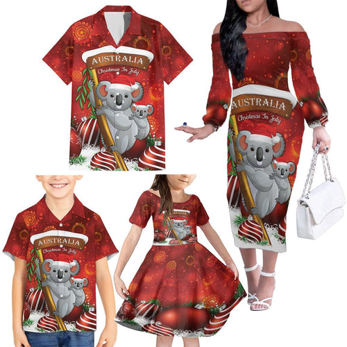 Australia Koala Family Matching Off The Shoulder Long Sleeve Dress and Hawaiian Shirt Christmas In July - Red