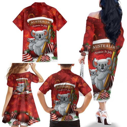 Australia Koala Family Matching Off The Shoulder Long Sleeve Dress and Hawaiian Shirt Christmas In July - Red