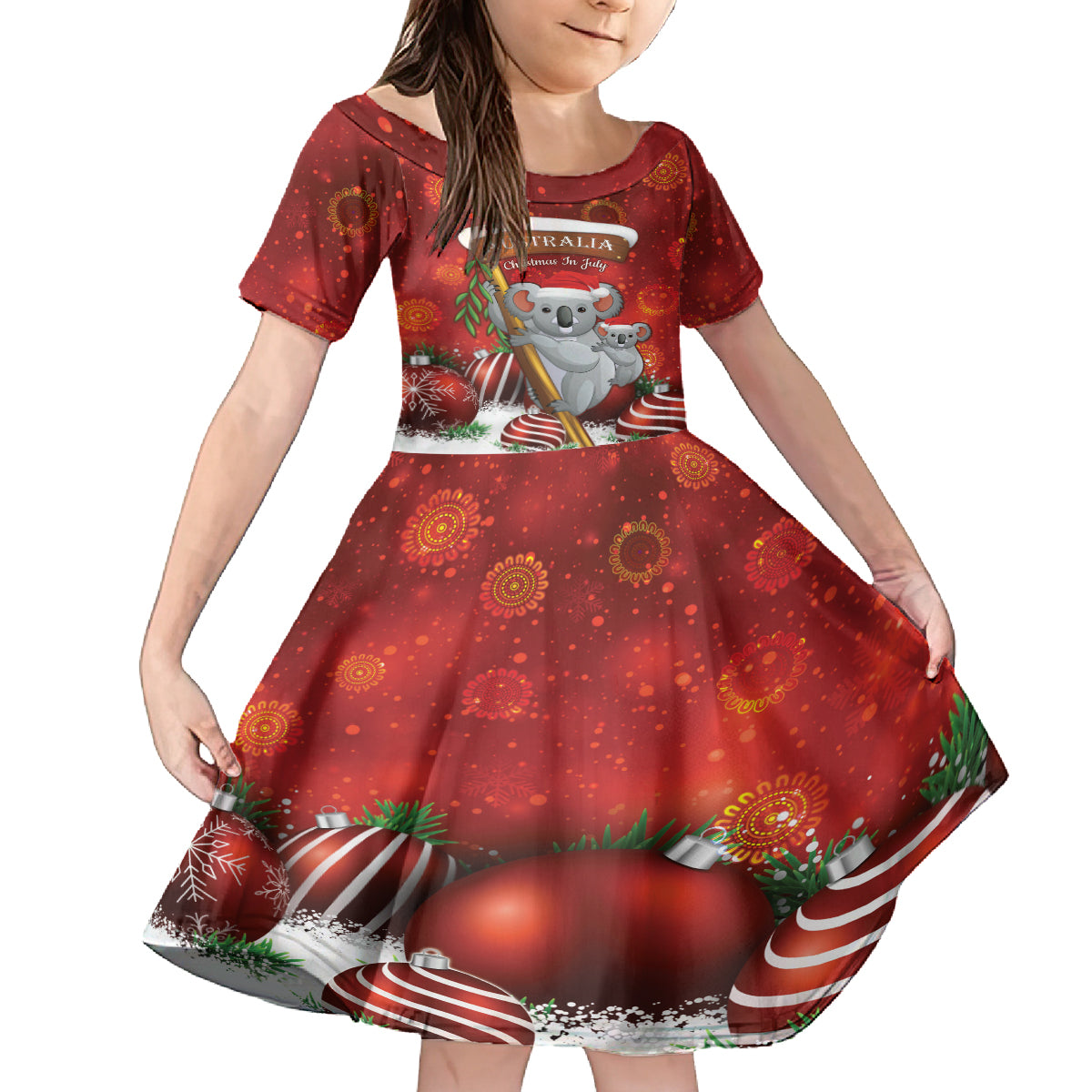 Australia Koala Kid Short Sleeve Dress Christmas In July - Red