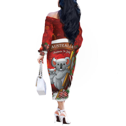 Australia Koala Off The Shoulder Long Sleeve Dress Christmas In July - Red