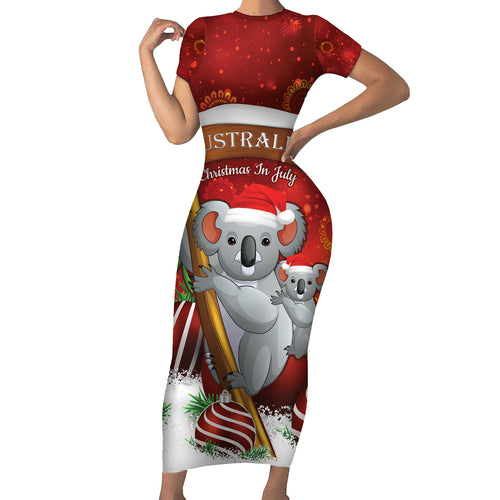 Australia Koala Short Sleeve Bodycon Dress Christmas In July - Red