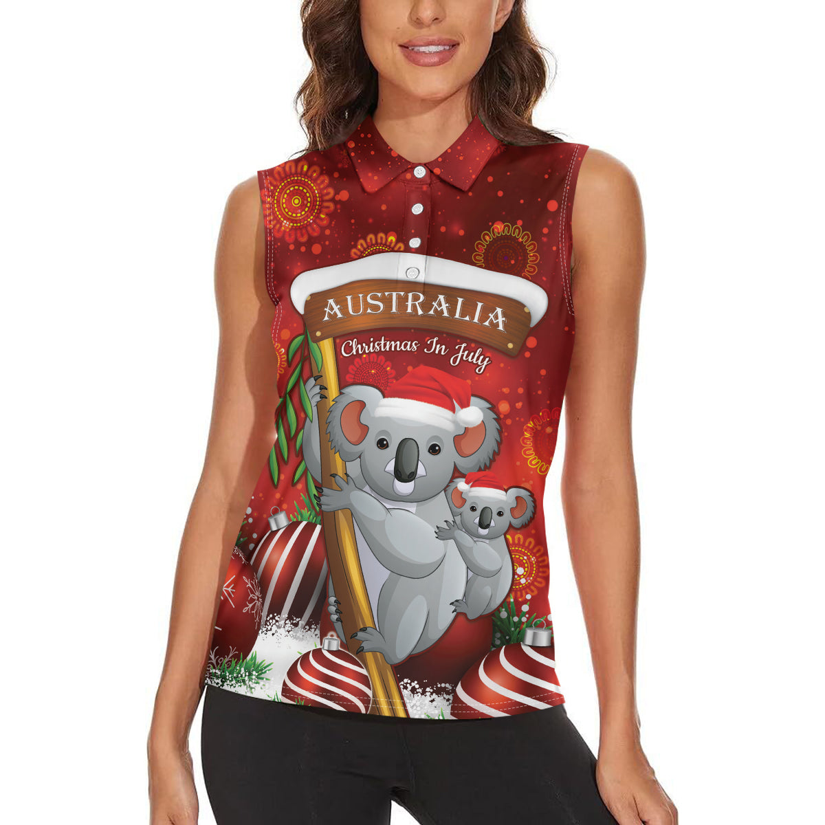 Australia Koala Women Sleeveless Polo Shirt Christmas In July - Red