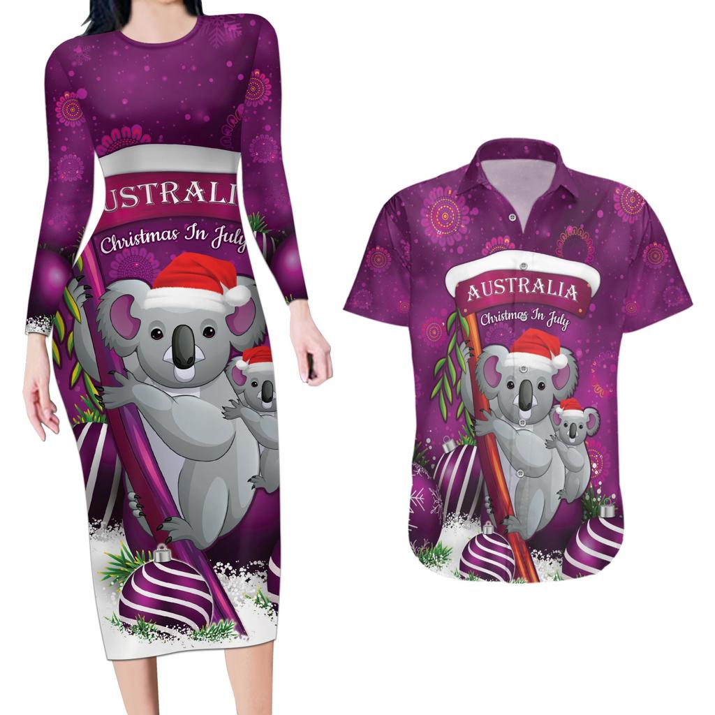 Australia Koala Couples Matching Long Sleeve Bodycon Dress and Hawaiian Shirt Christmas In July - Purple