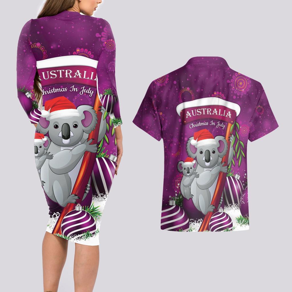 Australia Koala Couples Matching Long Sleeve Bodycon Dress and Hawaiian Shirt Christmas In July - Purple