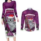 Australia Koala Couples Matching Long Sleeve Bodycon Dress and Long Sleeve Button Shirt Christmas In July - Purple