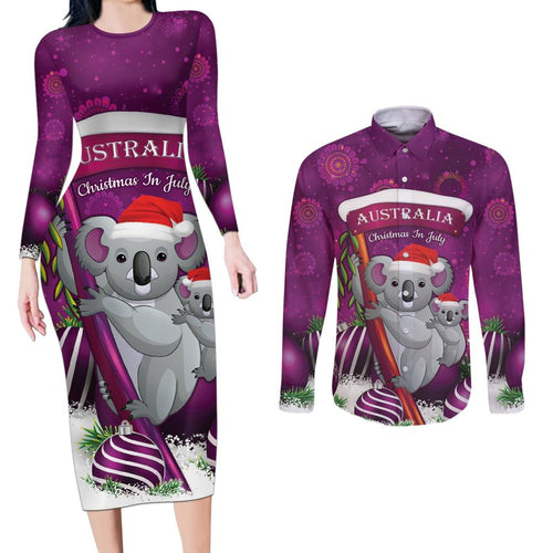Australia Koala Couples Matching Long Sleeve Bodycon Dress and Long Sleeve Button Shirt Christmas In July - Purple