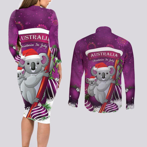 Australia Koala Couples Matching Long Sleeve Bodycon Dress and Long Sleeve Button Shirt Christmas In July - Purple
