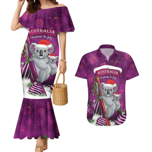 Australia Koala Couples Matching Mermaid Dress and Hawaiian Shirt Christmas In July - Purple