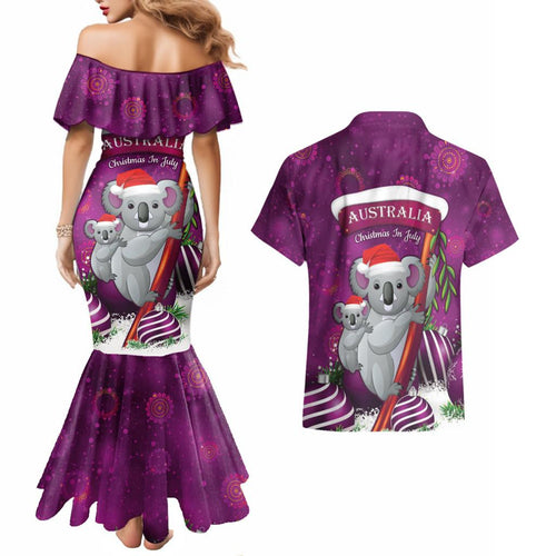 Australia Koala Couples Matching Mermaid Dress and Hawaiian Shirt Christmas In July - Purple