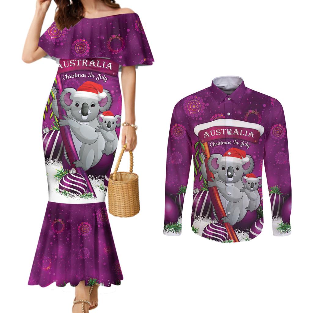Australia Koala Couples Matching Mermaid Dress and Long Sleeve Button Shirt Christmas In July - Purple