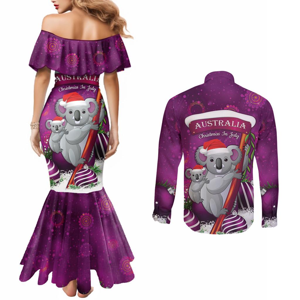 Australia Koala Couples Matching Mermaid Dress and Long Sleeve Button Shirt Christmas In July - Purple