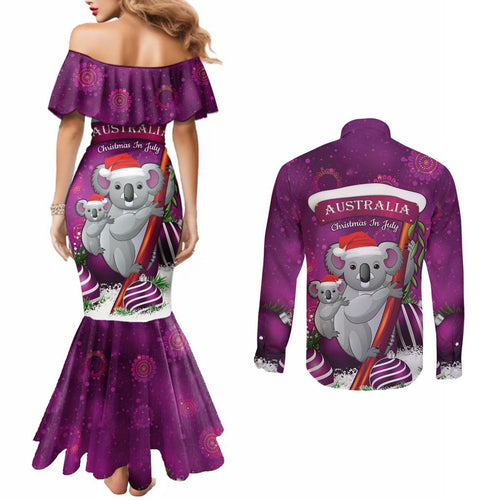 Australia Koala Couples Matching Mermaid Dress and Long Sleeve Button Shirt Christmas In July - Purple