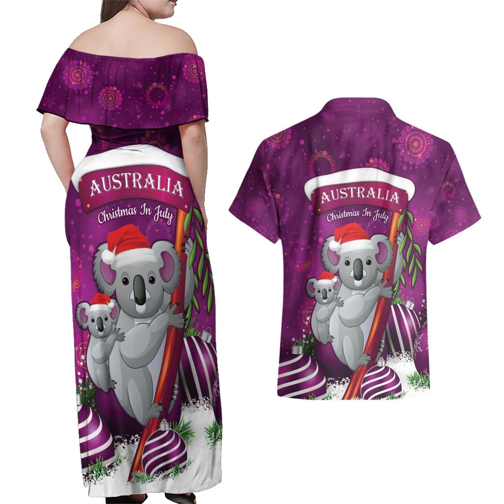 Australia Koala Couples Matching Off Shoulder Maxi Dress and Hawaiian Shirt Christmas In July - Purple