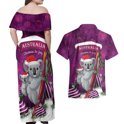 Australia Koala Couples Matching Off Shoulder Maxi Dress and Hawaiian Shirt Christmas In July - Purple