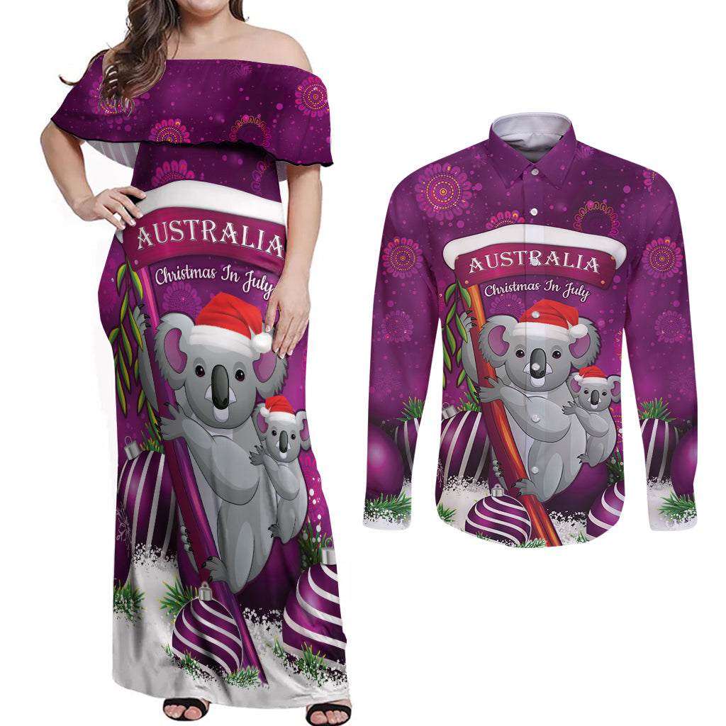 Australia Koala Couples Matching Off Shoulder Maxi Dress and Long Sleeve Button Shirt Christmas In July - Purple