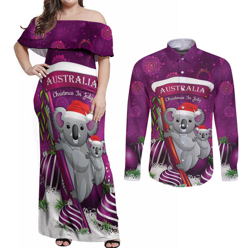 Australia Koala Couples Matching Off Shoulder Maxi Dress and Long Sleeve Button Shirt Christmas In July - Purple