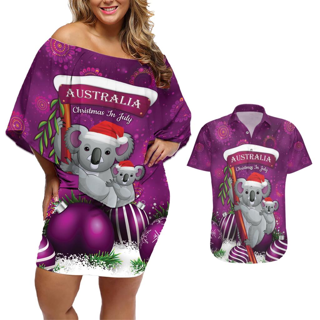 Australia Koala Couples Matching Off Shoulder Short Dress and Hawaiian Shirt Christmas In July - Purple