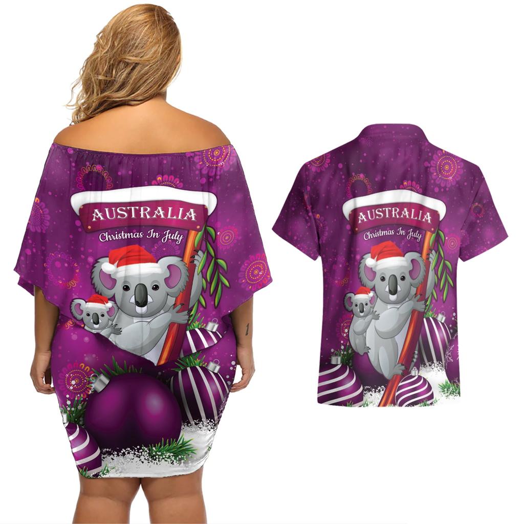 Australia Koala Couples Matching Off Shoulder Short Dress and Hawaiian Shirt Christmas In July - Purple