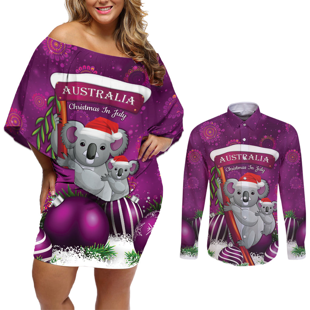 Australia Koala Couples Matching Off Shoulder Short Dress and Long Sleeve Button Shirt Christmas In July - Purple