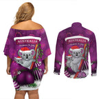 Australia Koala Couples Matching Off Shoulder Short Dress and Long Sleeve Button Shirt Christmas In July - Purple