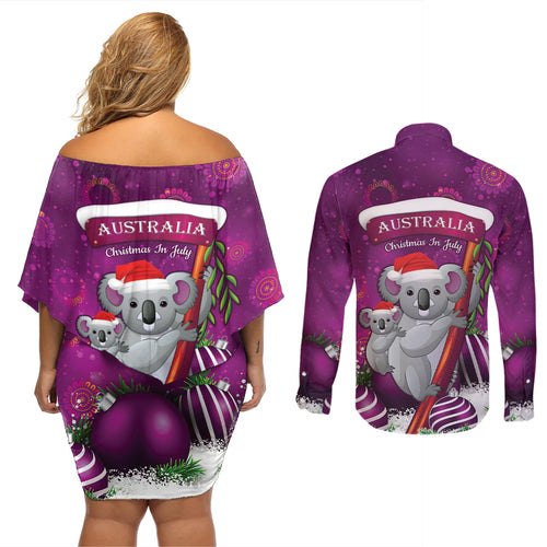 Australia Koala Couples Matching Off Shoulder Short Dress and Long Sleeve Button Shirt Christmas In July - Purple