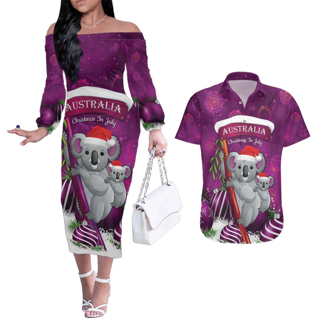 Australia Koala Couples Matching Off The Shoulder Long Sleeve Dress and Hawaiian Shirt Christmas In July - Purple