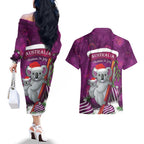 Australia Koala Couples Matching Off The Shoulder Long Sleeve Dress and Hawaiian Shirt Christmas In July - Purple