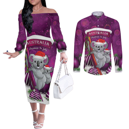 Australia Koala Couples Matching Off The Shoulder Long Sleeve Dress and Long Sleeve Button Shirt Christmas In July - Purple