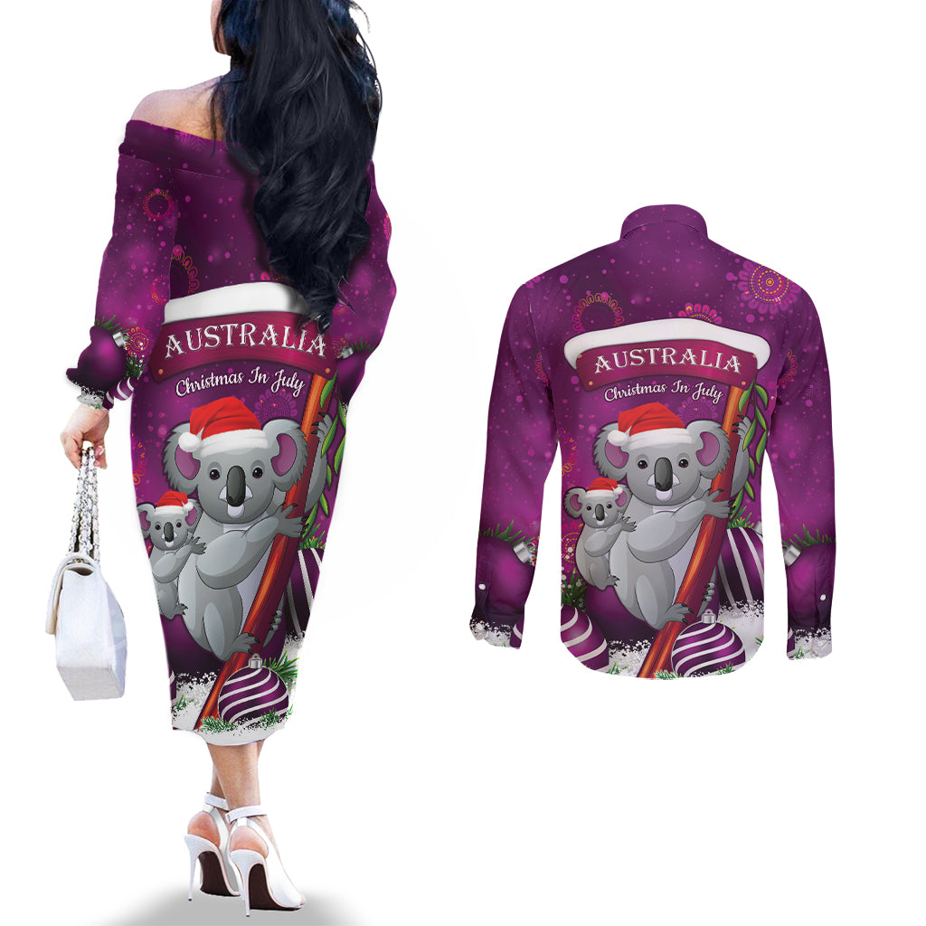 Australia Koala Couples Matching Off The Shoulder Long Sleeve Dress and Long Sleeve Button Shirt Christmas In July - Purple