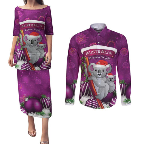 Australia Koala Couples Matching Puletasi and Long Sleeve Button Shirt Christmas In July - Purple