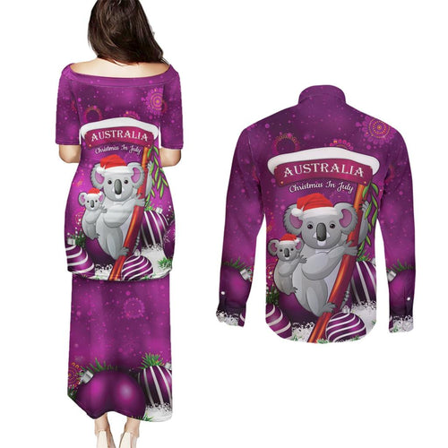 Australia Koala Couples Matching Puletasi and Long Sleeve Button Shirt Christmas In July - Purple