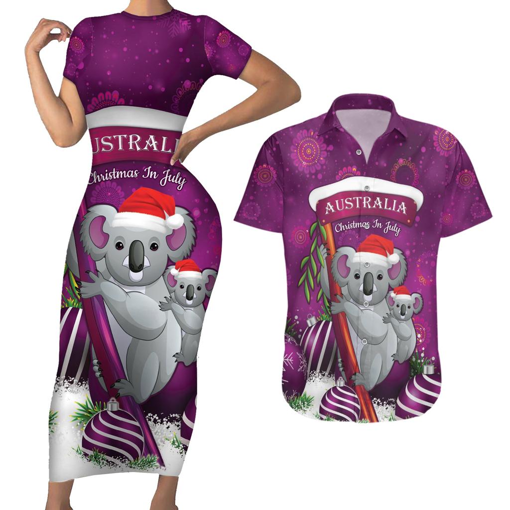 Australia Koala Couples Matching Short Sleeve Bodycon Dress and Hawaiian Shirt Christmas In July - Purple