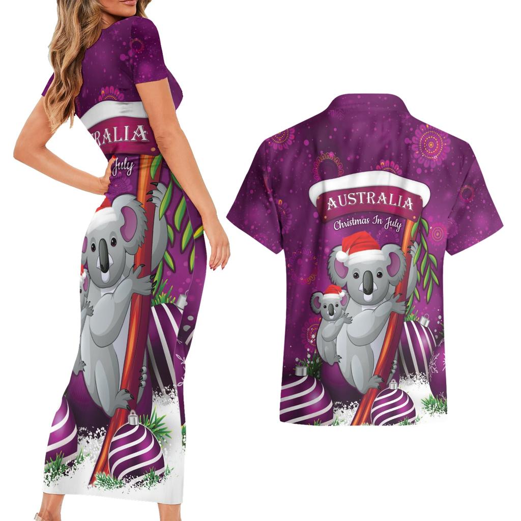 Australia Koala Couples Matching Short Sleeve Bodycon Dress and Hawaiian Shirt Christmas In July - Purple
