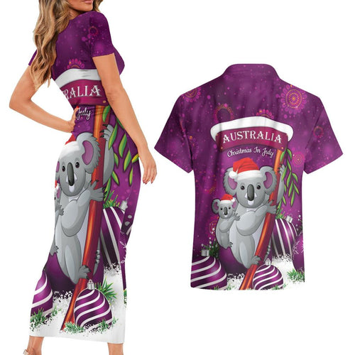 Australia Koala Couples Matching Short Sleeve Bodycon Dress and Hawaiian Shirt Christmas In July - Purple