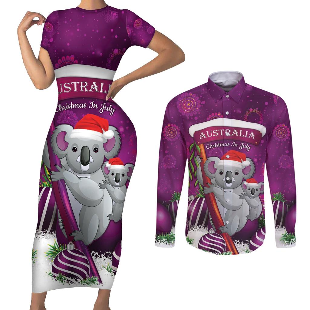 Australia Koala Couples Matching Short Sleeve Bodycon Dress and Long Sleeve Button Shirt Christmas In July - Purple