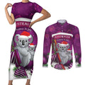 Australia Koala Couples Matching Short Sleeve Bodycon Dress and Long Sleeve Button Shirt Christmas In July - Purple