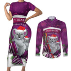 Australia Koala Couples Matching Short Sleeve Bodycon Dress and Long Sleeve Button Shirt Christmas In July - Purple