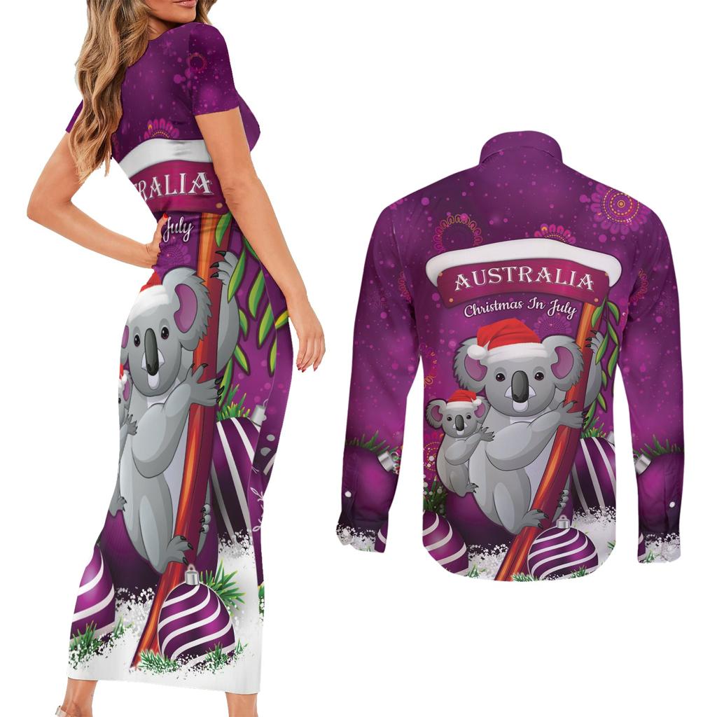 Australia Koala Couples Matching Short Sleeve Bodycon Dress and Long Sleeve Button Shirt Christmas In July - Purple