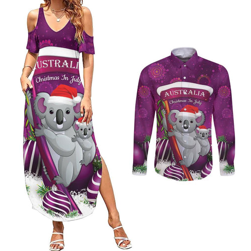 Australia Koala Couples Matching Summer Maxi Dress and Long Sleeve Button Shirt Christmas In July - Purple