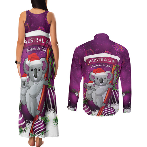 Australia Koala Couples Matching Tank Maxi Dress and Long Sleeve Button Shirt Christmas In July - Purple