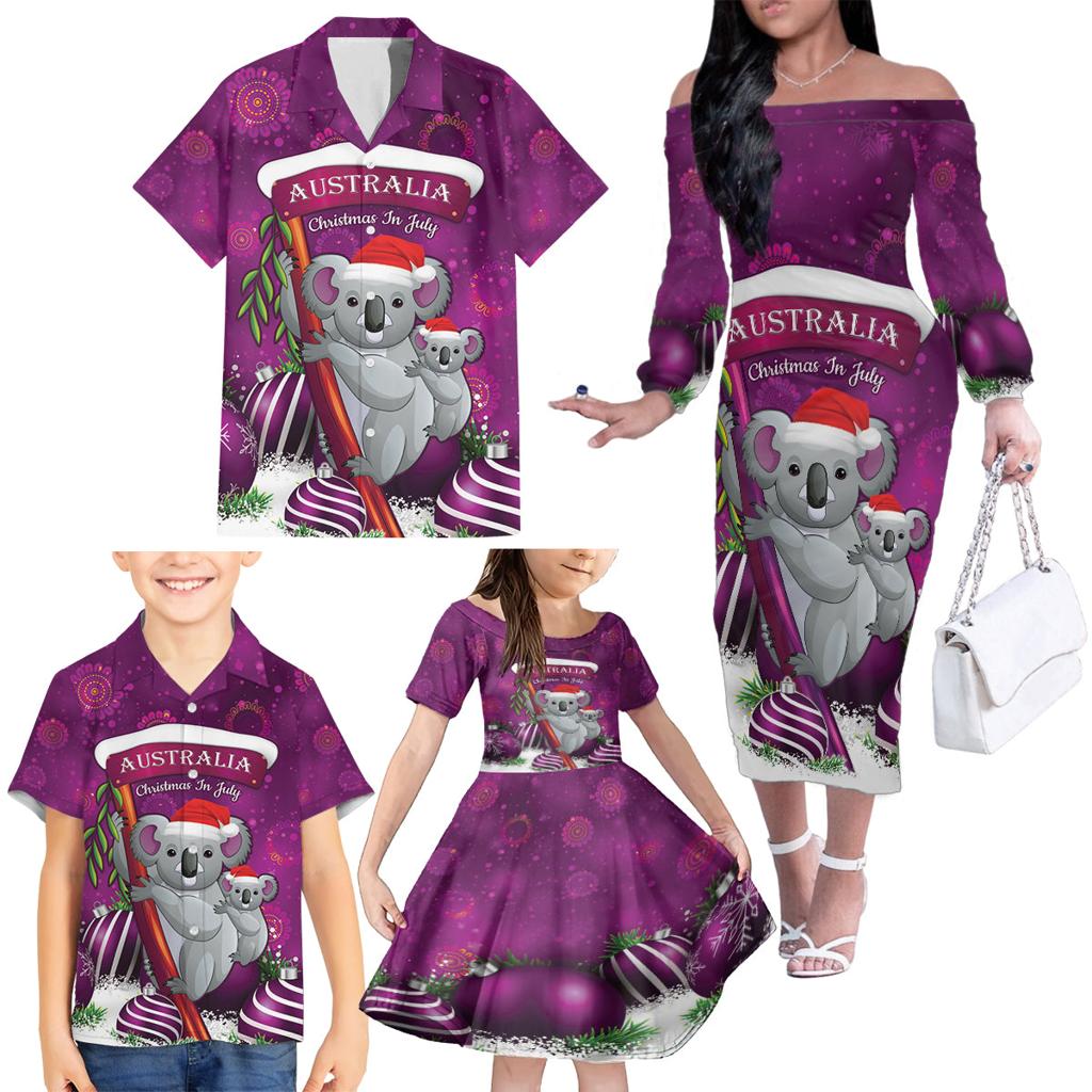 Australia Koala Family Matching Off The Shoulder Long Sleeve Dress and Hawaiian Shirt Christmas In July - Purple