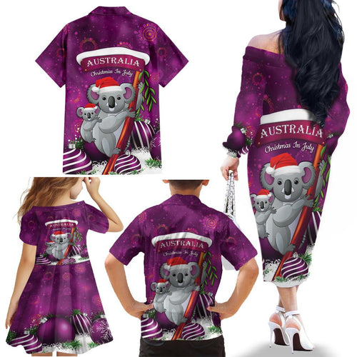 Australia Koala Family Matching Off The Shoulder Long Sleeve Dress and Hawaiian Shirt Christmas In July - Purple