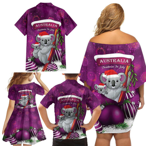 Australia Koala Family Matching Off Shoulder Short Dress and Hawaiian Shirt Christmas In July - Purple