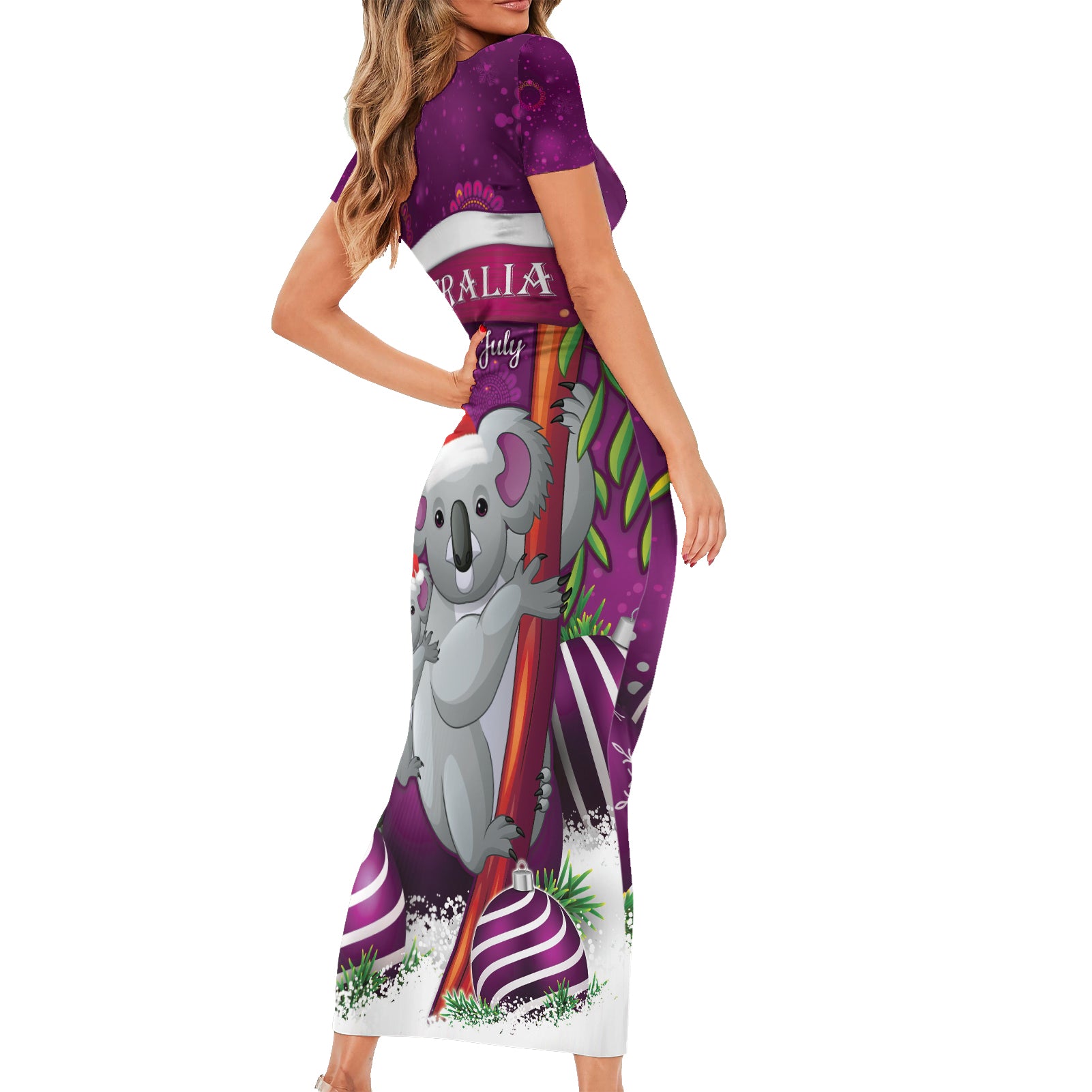 Australia Koala Short Sleeve Bodycon Dress Christmas In July - Purple