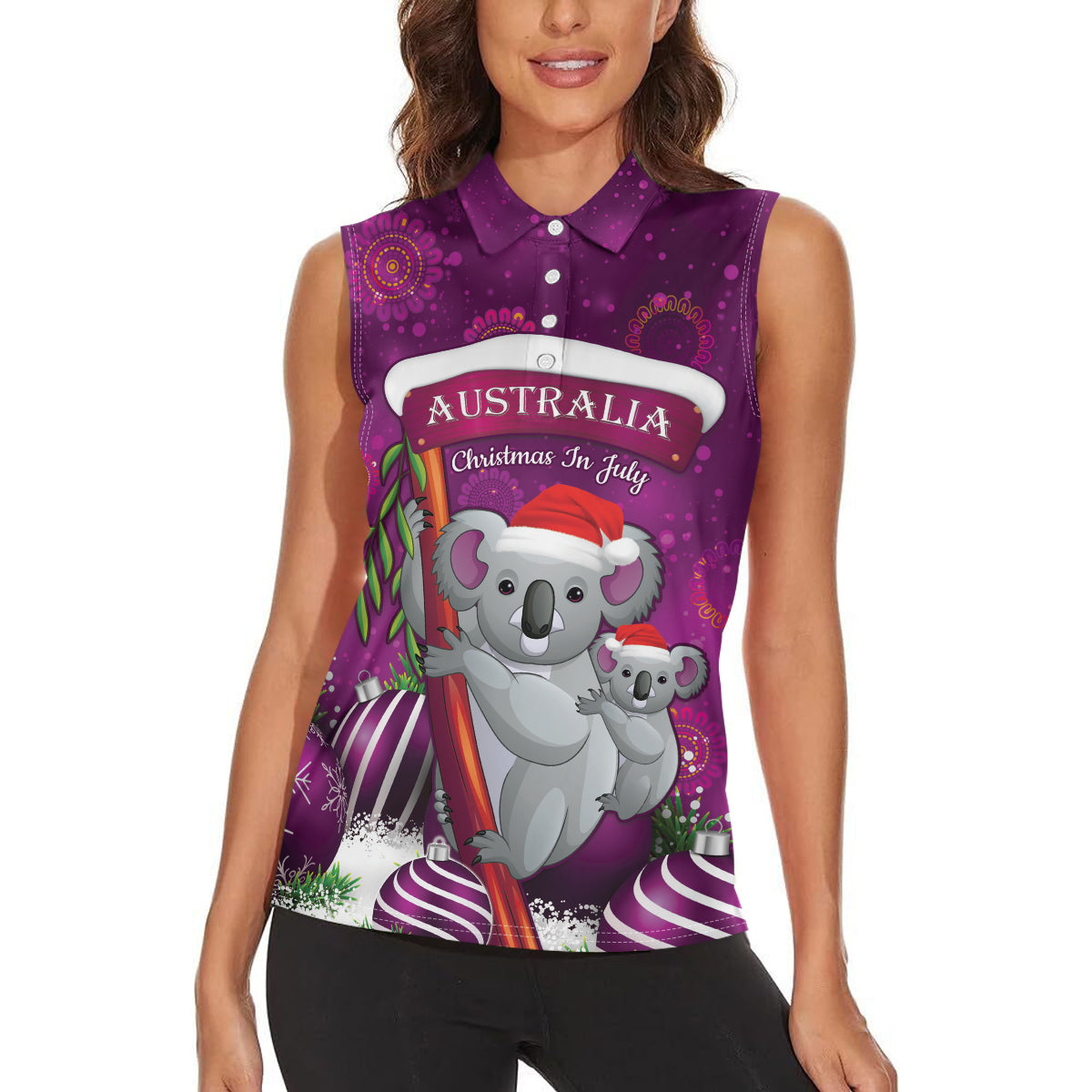 Australia Koala Women Sleeveless Polo Shirt Christmas In July - Purple
