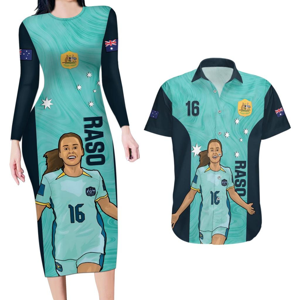 Australia Soccer Couples Matching Long Sleeve Bodycon Dress and Hawaiian Shirt Raso Matildas Turquoise Version