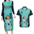 Australia Soccer Couples Matching Long Sleeve Bodycon Dress and Hawaiian Shirt Raso Matildas Turquoise Version